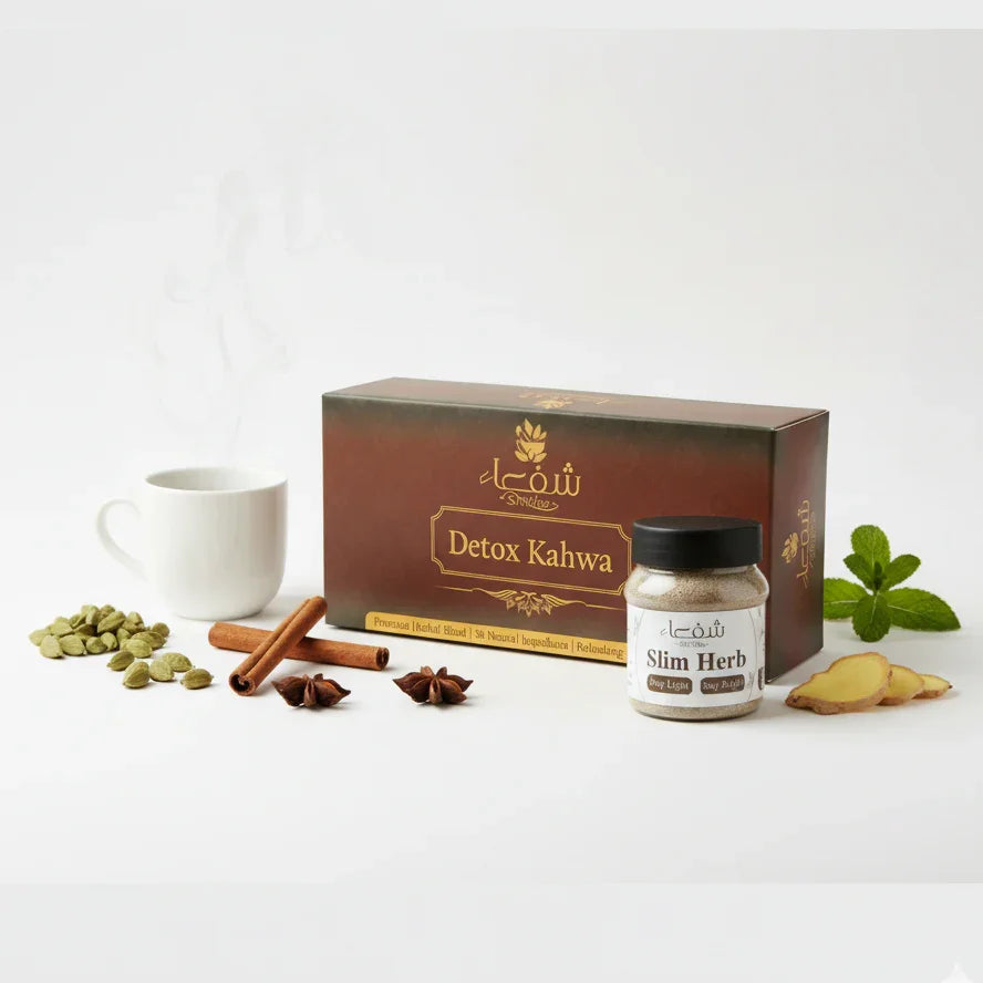 Theshiffaa Detox Kahwa box with Slim Herb jar, spices, ginger, and mint leaves on white background
