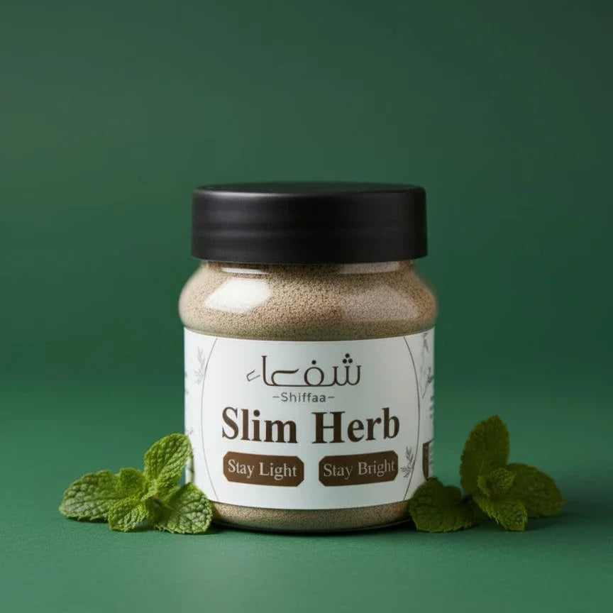 Theshiffaa Slim Herb powder jar with mint leaves on green background, herbal product