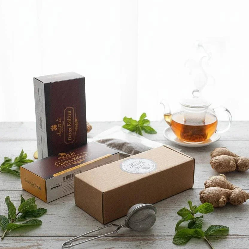 Theshiffaa Detox Kahwa tea boxes, glass teapot with tea, mint leaves and ginger on table.