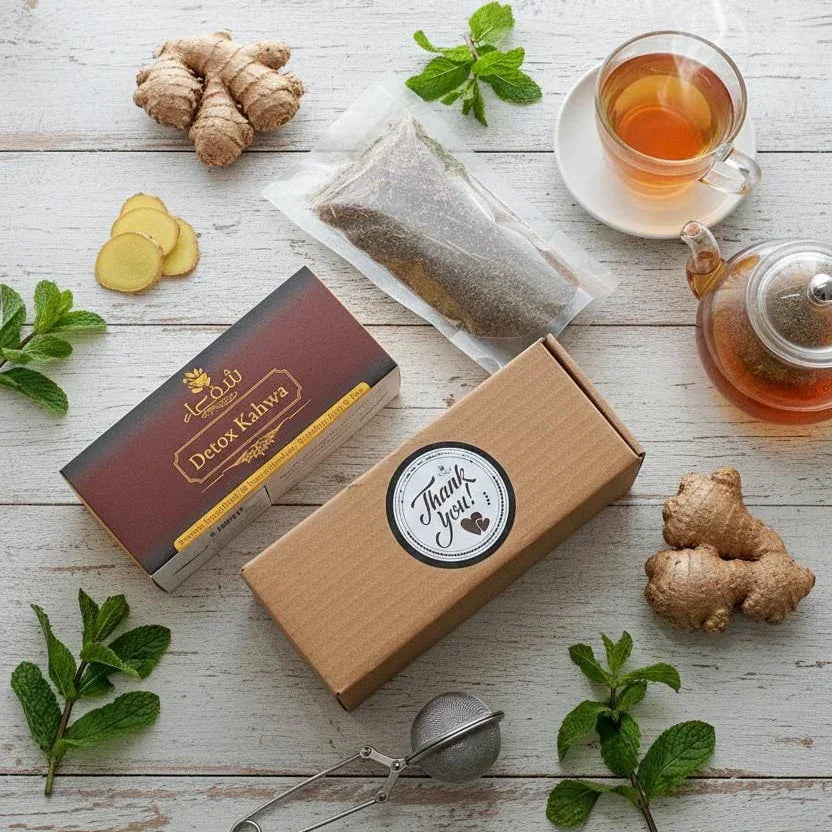 Theshiffaa Detox Kahwa tea box with fresh ginger, mint, cup of tea, and thank you gift box