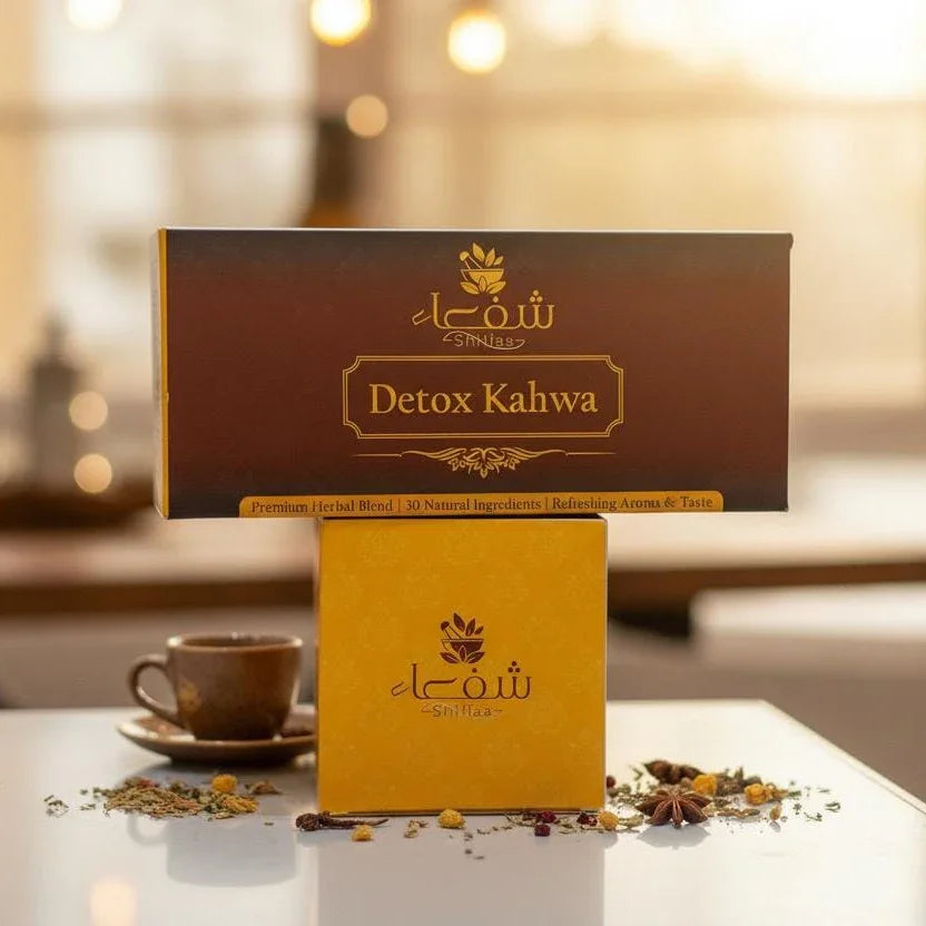 Theshiffaa Detox Kahwa herbal tea box with cup and loose ingredients on table