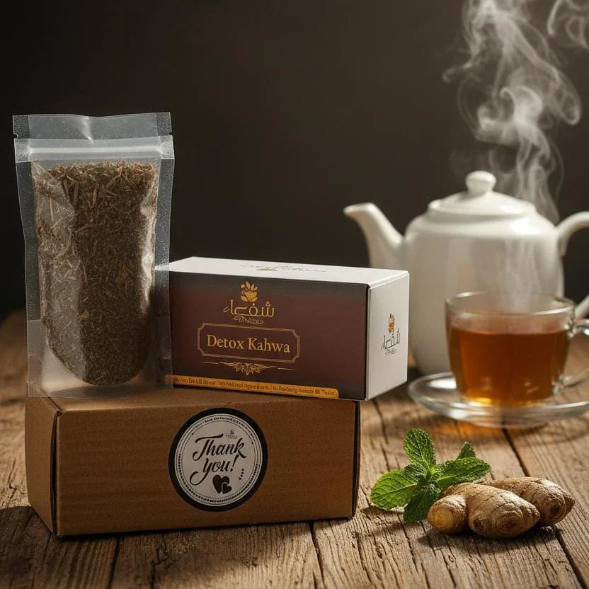 Detox Kahwa herbal tea set by Theshiffaa with steaming teapot, ginger, and mint on wooden table