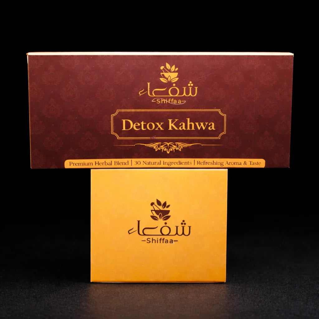 Theshiffaa Detox Kahwa premium herbal blend box with yellow and maroon packaging